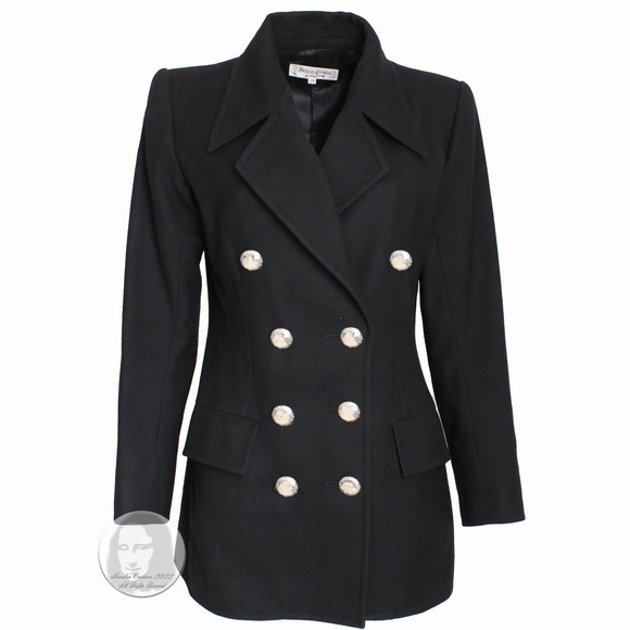 Yves Saint Laurent Jacket Black Wool Double Breasted Pea Coat Jacket Vintage 90s - Picture 1 of 11